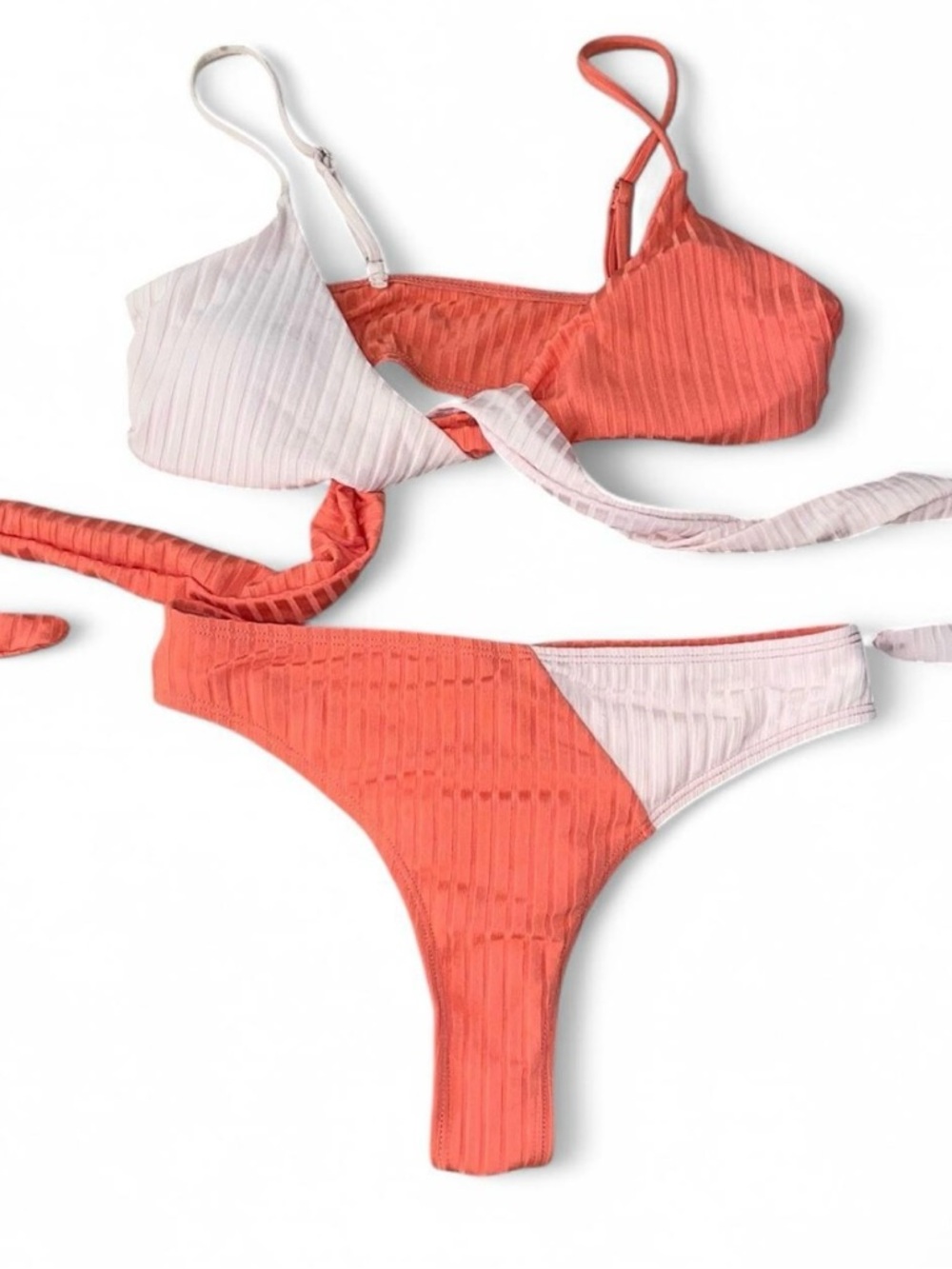 Two-Tone Coral and Light Pink Ribbed Bikini Set